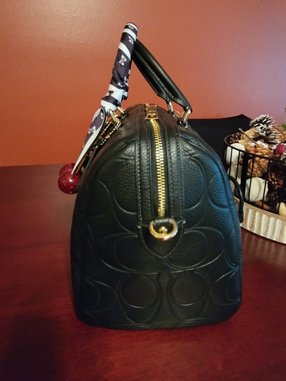 Coach Black Leather Large Satchel with Gold Hardware and Red Cherry Charm - Picture 2 of 7